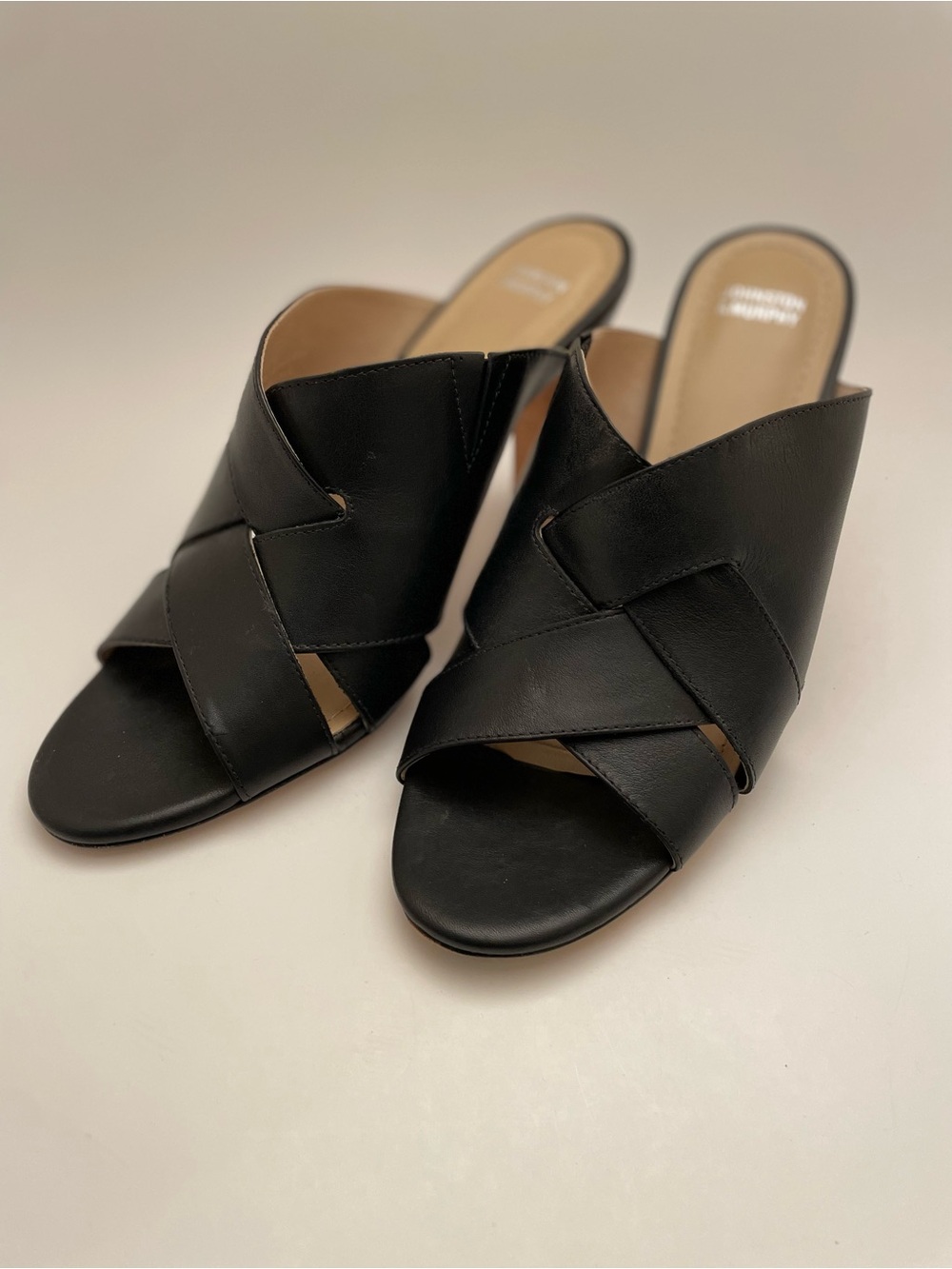 Johnston & Murphy Black Leather Crisscross Slide Mules
